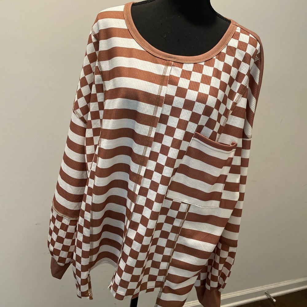 Checkered Mixed Print Women’s Top Size L Artsy Modern Bohemian Relaxed Patchwork